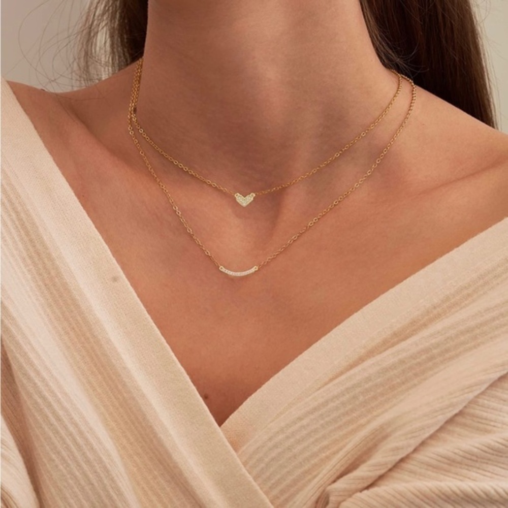 Gold 14k Gold Plated Two Piece CZ Bar & Heart Pendant Necklace Set